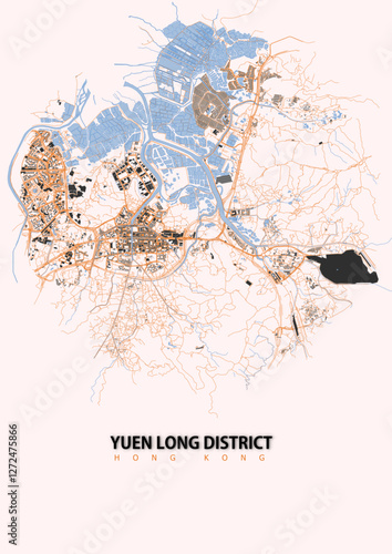 vector map detail poster of buildings waterway and highways in yuen long district in hongkong with pink color