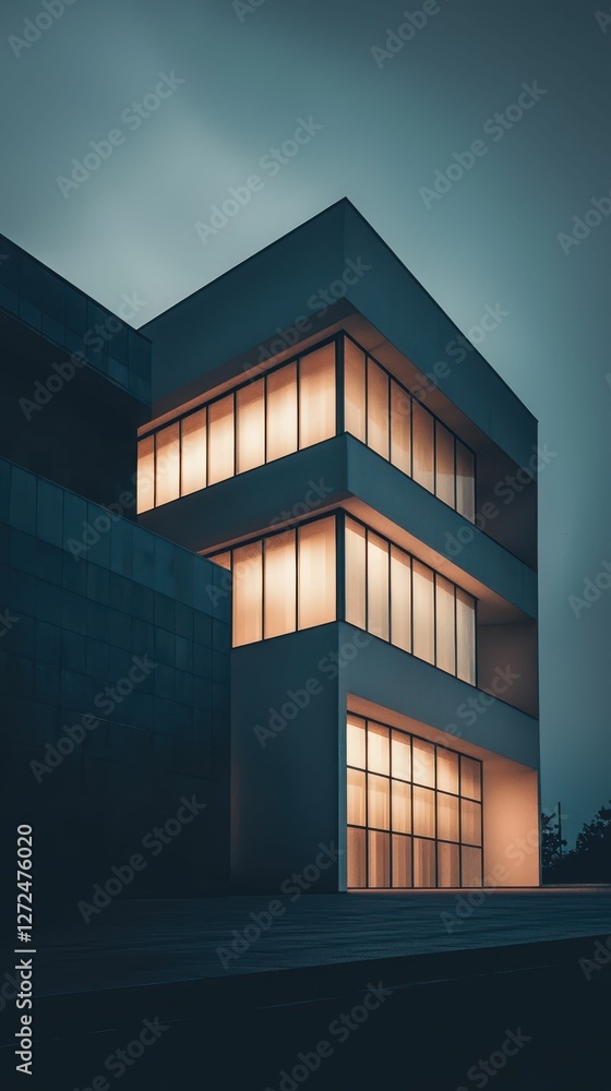 Fototapeta premium Minimalist Exterior Scene of a Modern Building at Dusk