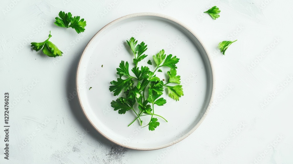 Minimalist Food Styling Scene Featuring Fresh Parsley on Plate Minimalist Food Styling Scene Featuring Fresh Parsley on Plate