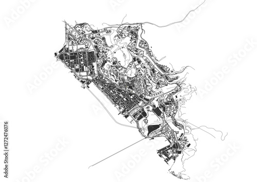 vector map of buildings and highways in kwun tong district in hongkong with black and white color