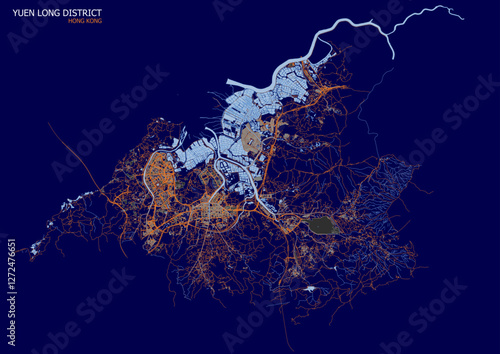 vector map of buildings waterway and highways in yuen long district in hongkong with blue and orange color