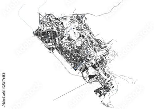 vector map of buildings waterway and highways in kwun tong district in hongkong with black and white color