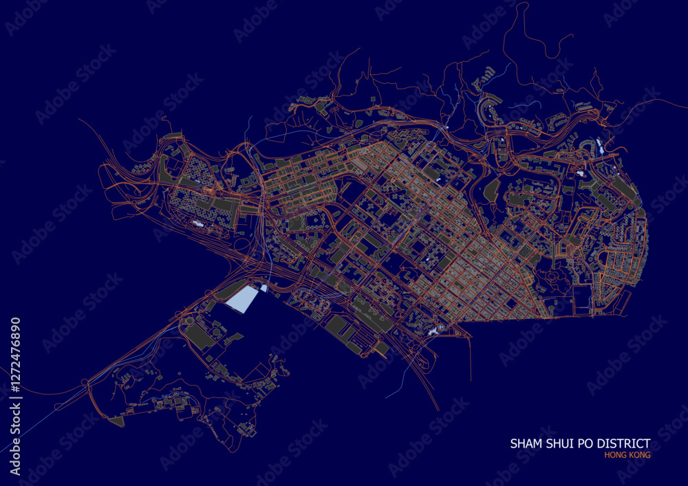 Obraz premium vector map of buildings waterway and highways in sham shui po district in hongkong with blue and orange color
