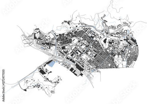 vector map of buildings waterway and highways in sham shui po district in hongkong with black and white color