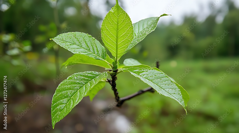 Fresh Green Leaves with Raindrops on Branch in Natural Setting Fresh Green Leaves with Raindrops on Branch in Natural Setting