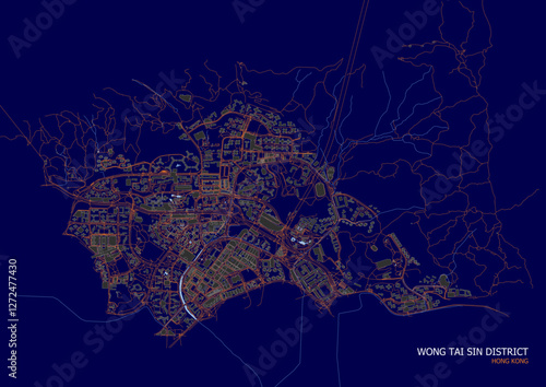 Photography vector map of buildings, waterway and highways in wong tai sin district in hongk