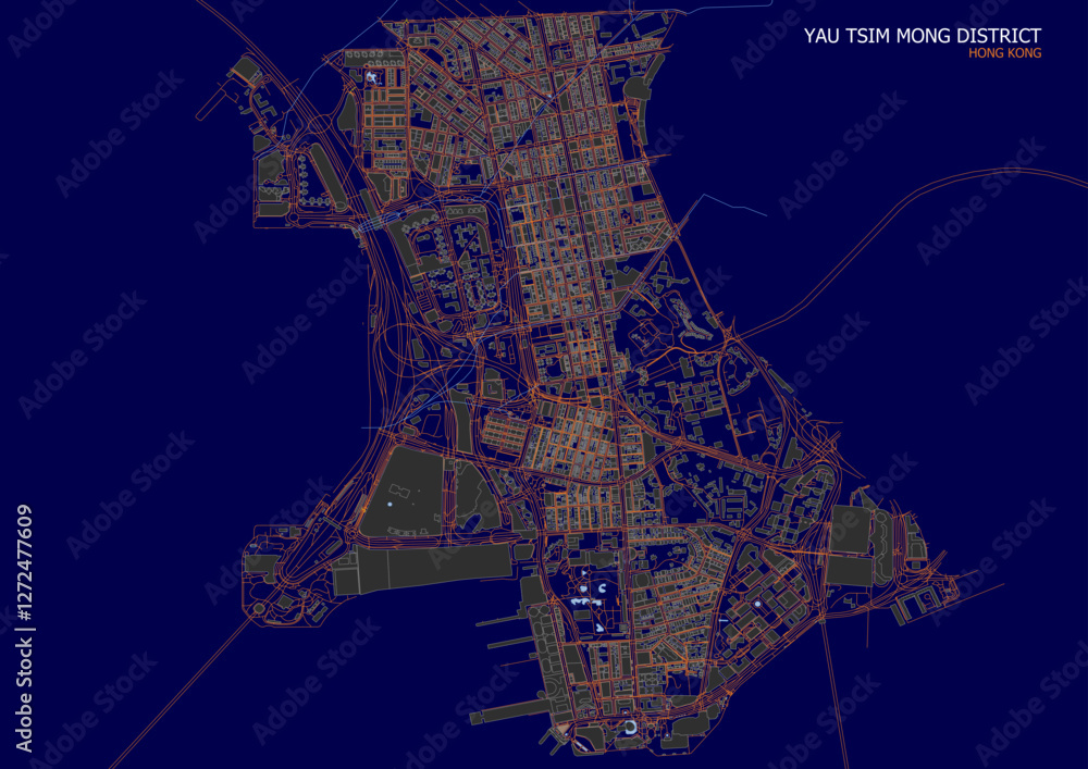 Obraz premium vector map of buildings, waterway and highways in yau tsim mong district in hongkong with blue and orange color