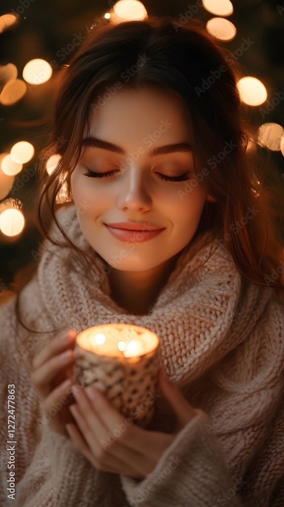 Naklejka premium Smiling young woman in a cozy sweater holding a candle amidst warm bokeh lights.