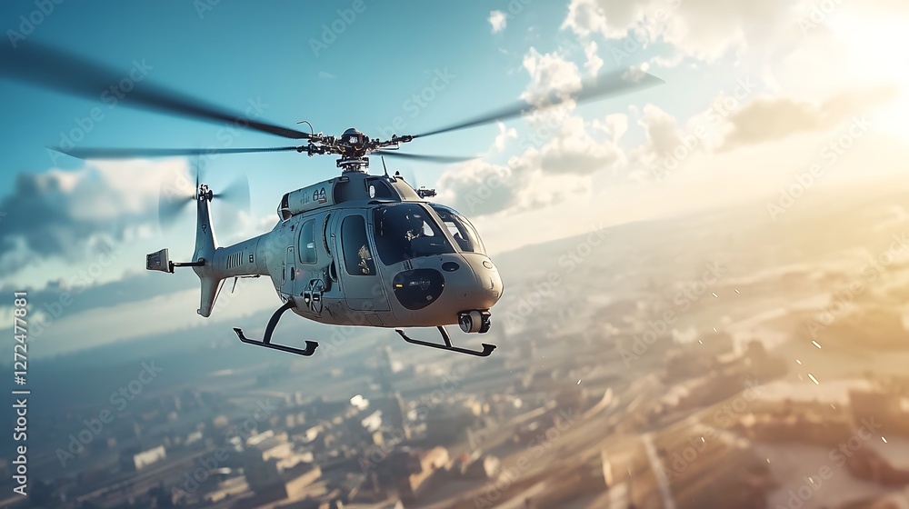 A photo showcasing a flying car style personal helicopter soaring gracefully over a futuristic high tech city skyline at sunset A photo showcasing a flying car style personal helicopter soaring gracefully over a futuristic high tech city skyline at sunset