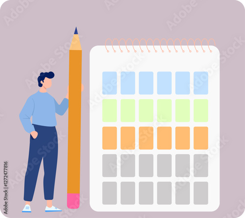 Illustration of a Person Holding a Giant Pencil Next to a Color-Coded Notepad for Organizational Planning and Creativity