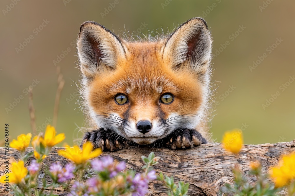 Fototapeta premium A red fox with striking yellow eyes curiously looks over a log adorned with colorful wildflowers, basking in the gentle morning light of a serene meadow.