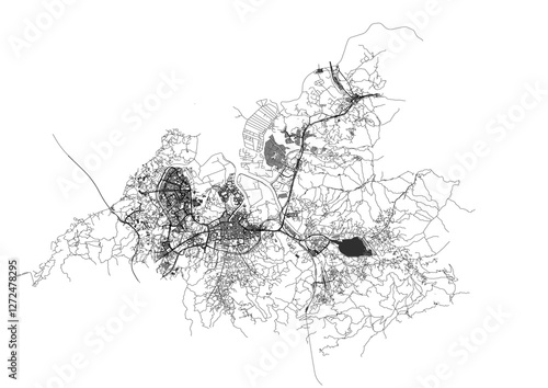 vector map of buildings and highways in yuen long district in hongkong with black and white color