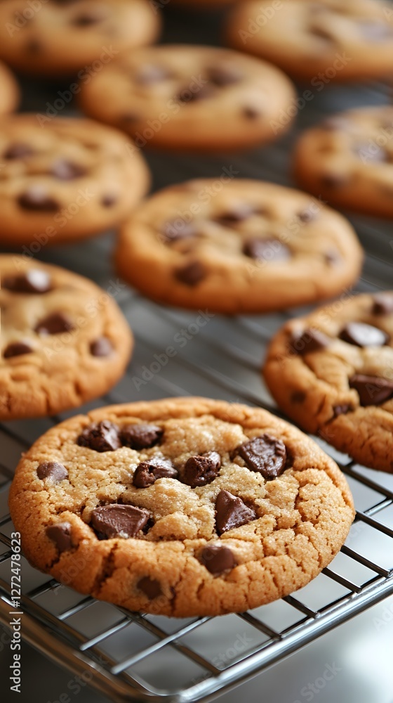 Freshly baked chocolate chip cookies cooling on a wire rack. Freshly baked chocolate chip cookies cooling on a wire rack.