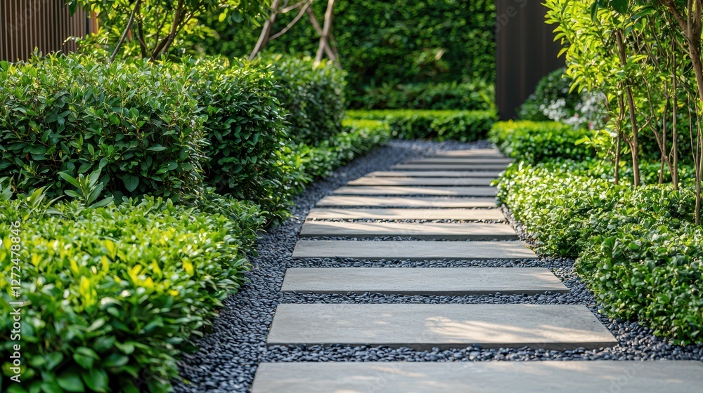 Obraz premium Modern Garden Pathway with Smooth Concrete Paving Stones