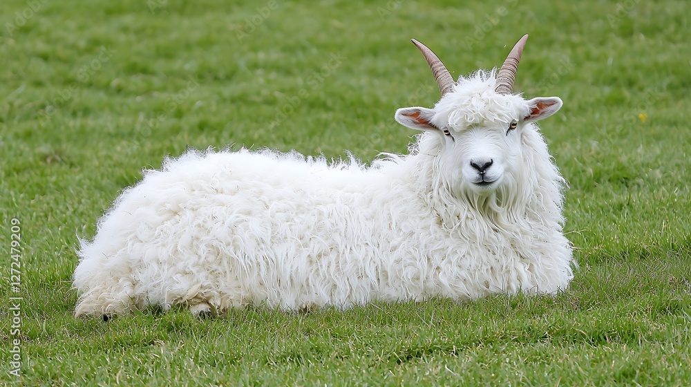 Soft White Goat Lying Relaxed on Green Pasture with Horns Visible Soft White Goat Lying Relaxed on Green Pasture with Horns Visible