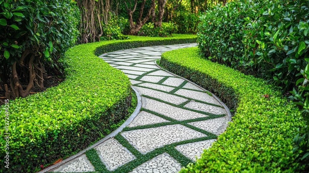 Elegant Modern Garden Path with Geometric Paving and Greenery Elegant Modern Garden Path with Geometric Paving and Greenery