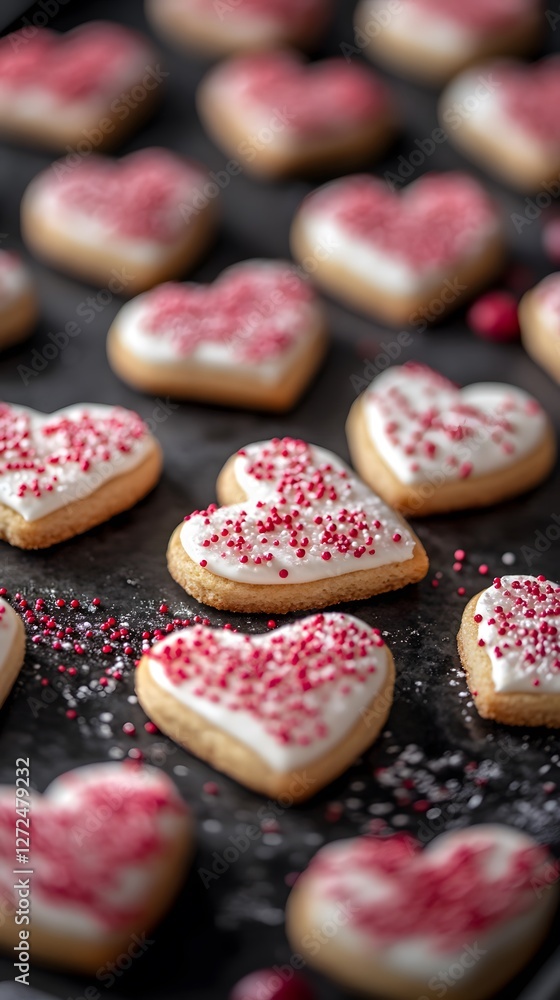 Delicious heart-shaped cookies with red sprinkles for a festive feel. Delicious heart-shaped cookies with red sprinkles for a festive feel.