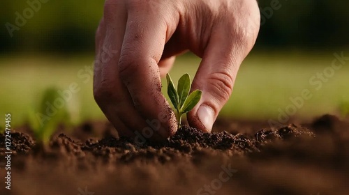 Close-up of a hand planting a young green seedling in rich soil under sunlight