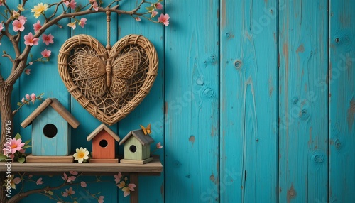 Colorful weathered wooden birdhouse on a tree with a small nesting hole in a garden during spring photo