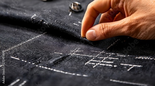 Close up detailed view of a hand gently touching the smooth fine fabric of a high end tailored men s suit  The image showcases the premium luxurious feel of the luxury textile material