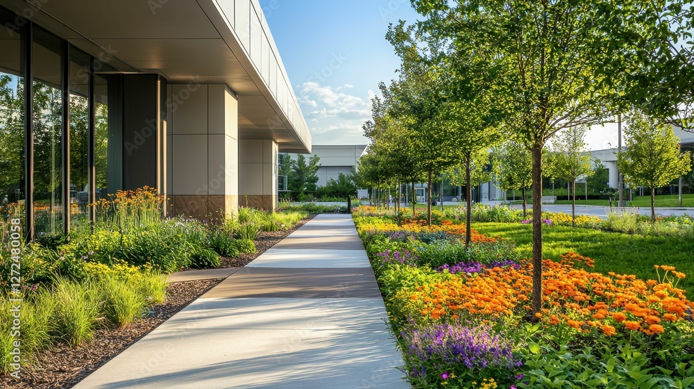 Naklejka premium Modern Hospital Garden Featuring Bold Geometric Landscaping Designs
