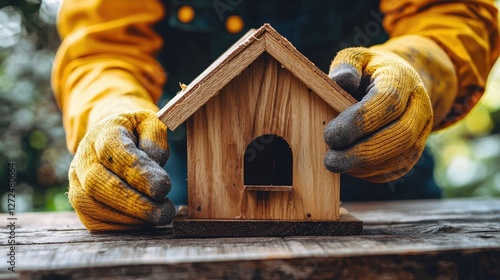 Close Up of Hands in Gloves Assembling a Birdhouse Outdoors with Careful Attention