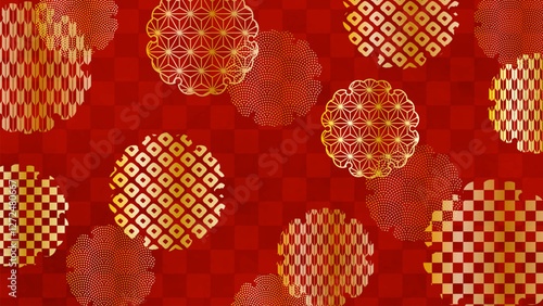 Japanese background: Red checkered pattern with gold snowflake pattern