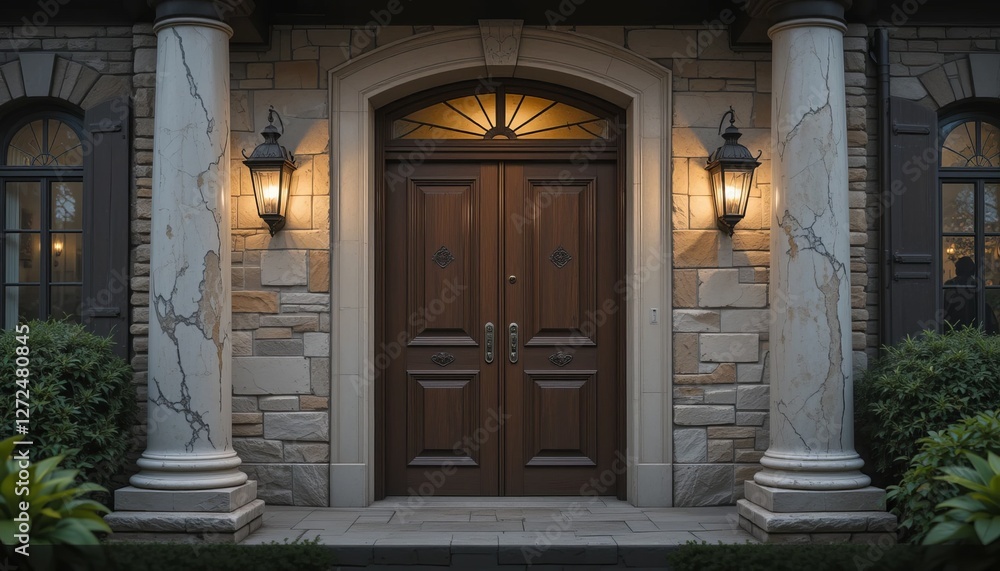 An stylish old antique wooden door at the entrance to a house with a marble and stone wall and vintage archway An stylish old antique wooden door at the entrance to a house with a marble and stone wall and vintage archway