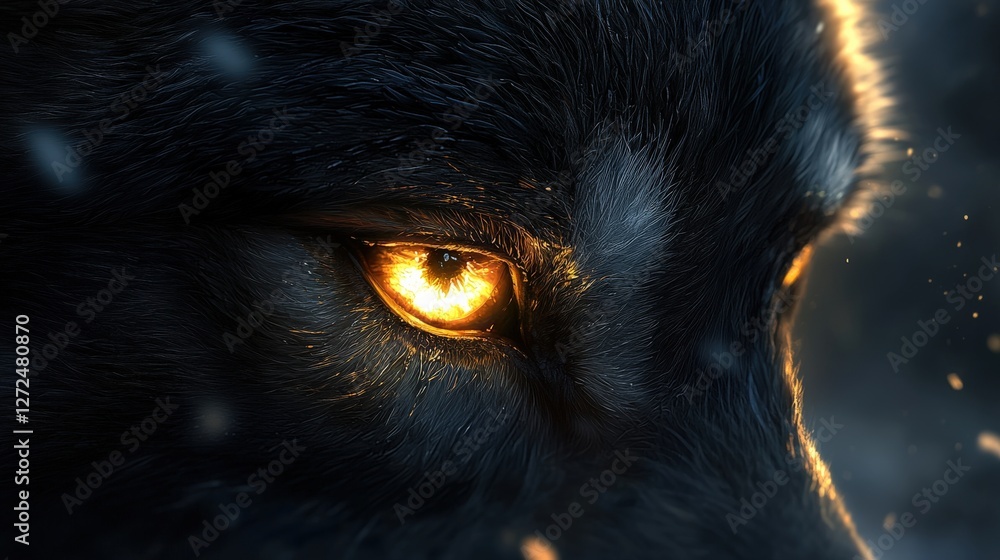 Close-Up of a Wolf's Eye with Golden Light Reflecting in a Mystical Setting Close-Up of a Wolf's Eye with Golden Light Reflecting in a Mystical Setting