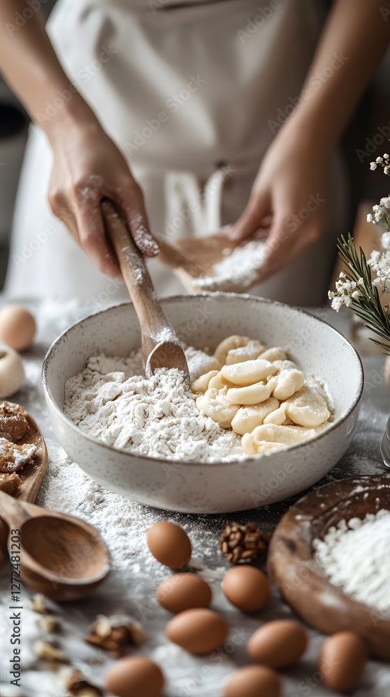Fototapeta premium A female chef preparing dough with fresh ingredients in a cozy kitchen setting.