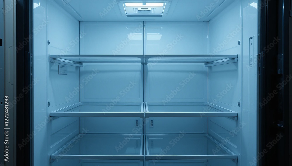 Empty fridge in the kitchen with open door and clean shelves Empty fridge in the kitchen with open door and clean shelves