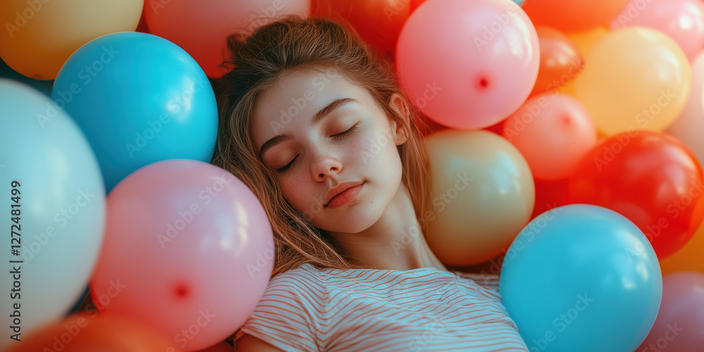 Obraz premium Celebrating joyful moments young woman surrounded by colorful balloons indoor setting lifestyle photography