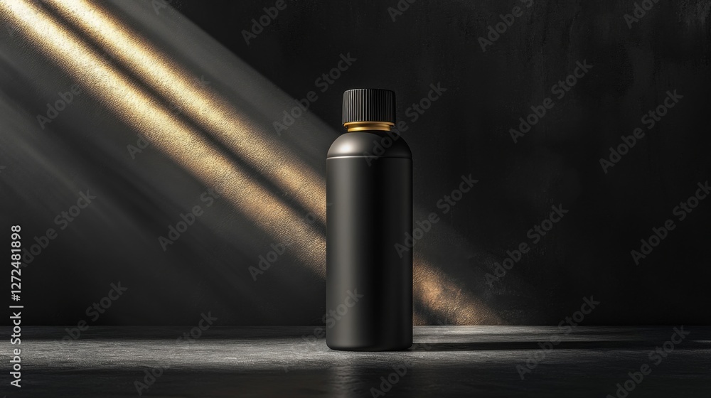 Fototapeta premium Black Cosmetic Bottle Mockup Shines with Glimmering Light on Dark Surface