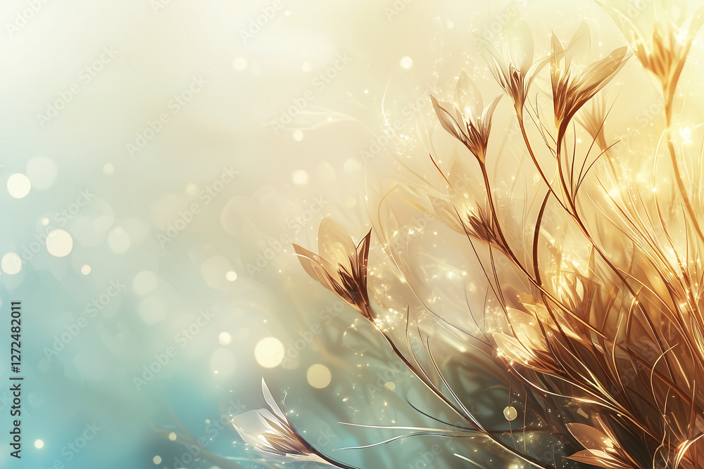 Fototapeta premium Elegant floral design with shimmering golden accents and soft blue background, creating serene and dreamy atmosphere