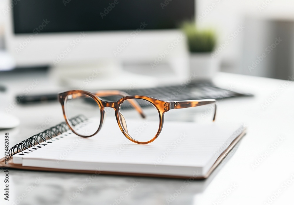 Elegant tortoiseshell glasses resting on a lined notebook in a modern workspace, symbolizing focus, intelligence, and productivity Elegant tortoiseshell glasses resting on a lined notebook in a modern workspace, symbolizing focus, intelligence, and productivity