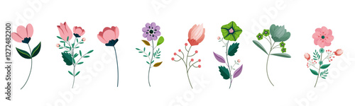 Collection of floral and botanical elements. Set of leaf, foliage wildflowers, plants, bloom, leaves. Hand drawn of blossom spring season vector for decor, website, graphic and shop.