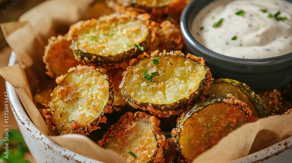 Crispy Fried Pickles with Dipping Sauce in Rustic Bowl Crispy Fried Pickles with Dipping Sauce in Rustic Bowl