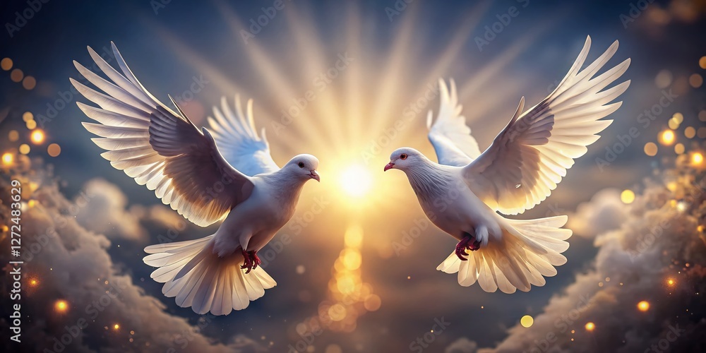 Fototapeta premium Majestic White Doves in Flight: Symbol of Peace and Harmony - Low Light Photography