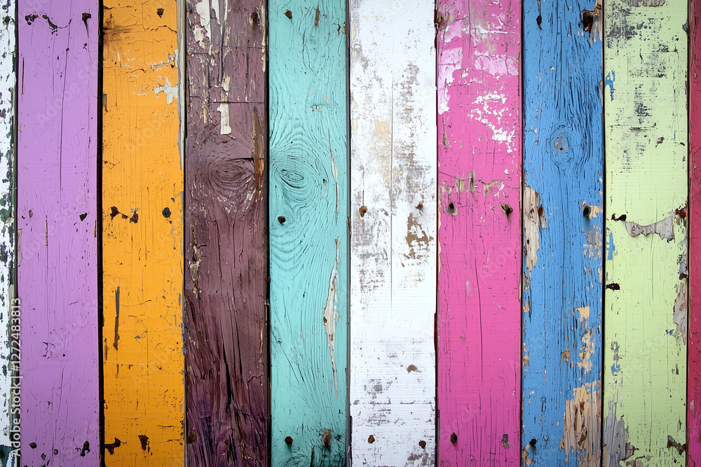 Colorful wooden planks with distressed texture create vibrant backdrop. peeling paint and varied hues evoke rustic charm, perfect for creative projects Colorful wooden planks with distressed texture create vibrant backdrop. peeling paint and varied hues evoke rustic charm, perfect for creative projects