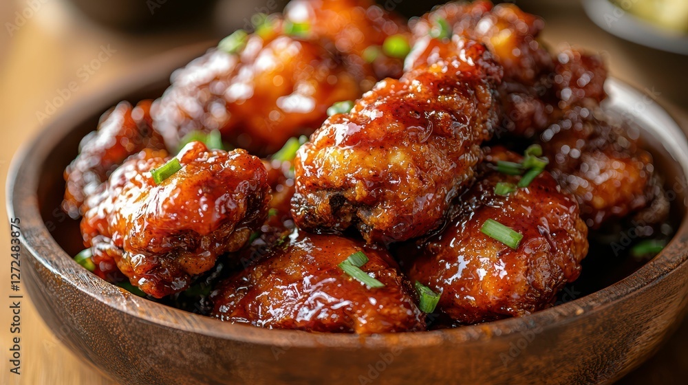Delicious Fried Chicken Glazed with Sweet Sauce on Wooden Bowl Delicious Fried Chicken Glazed with Sweet Sauce on Wooden Bowl