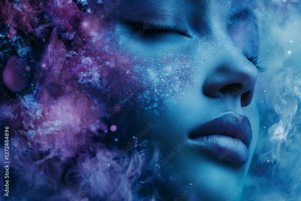 Meditative woman face in cosmic nebula Meditative woman face in cosmic nebula