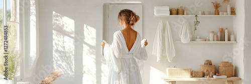 Woman trying on veils in a bridal shop with soft white lighting and elegant decor