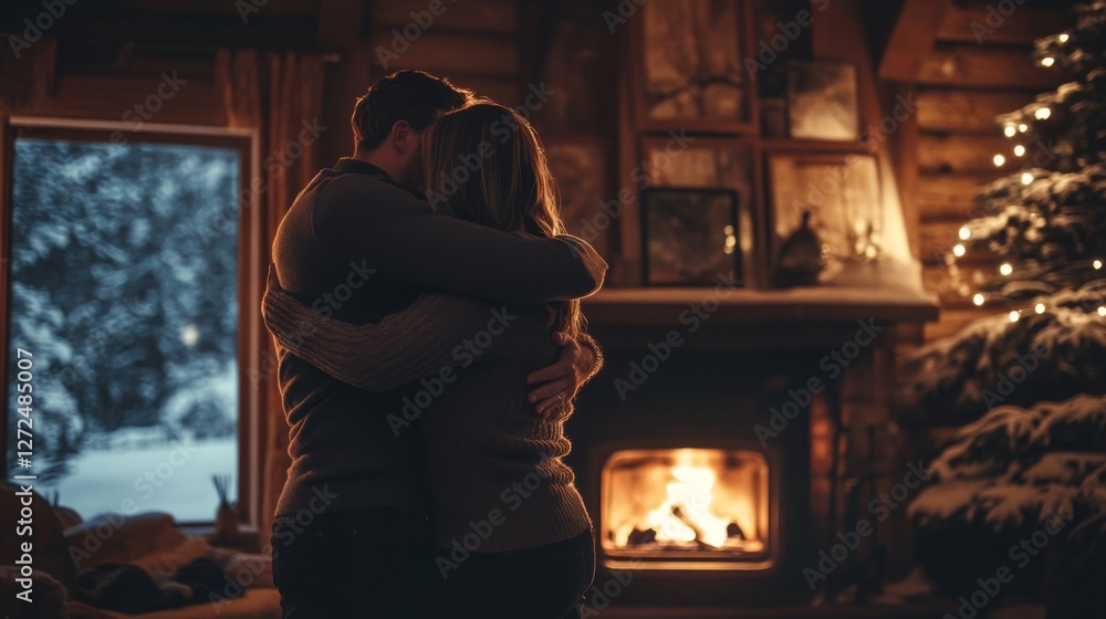 Couple embracing by fireplace in snowy cabin Couple embracing by fireplace in snowy cabin