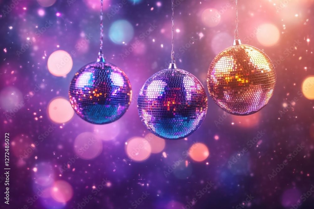 Fototapeta premium Three disco balls hang against a vibrant purple bokeh background. Perfect for New Year's, party, or celebration themes.
