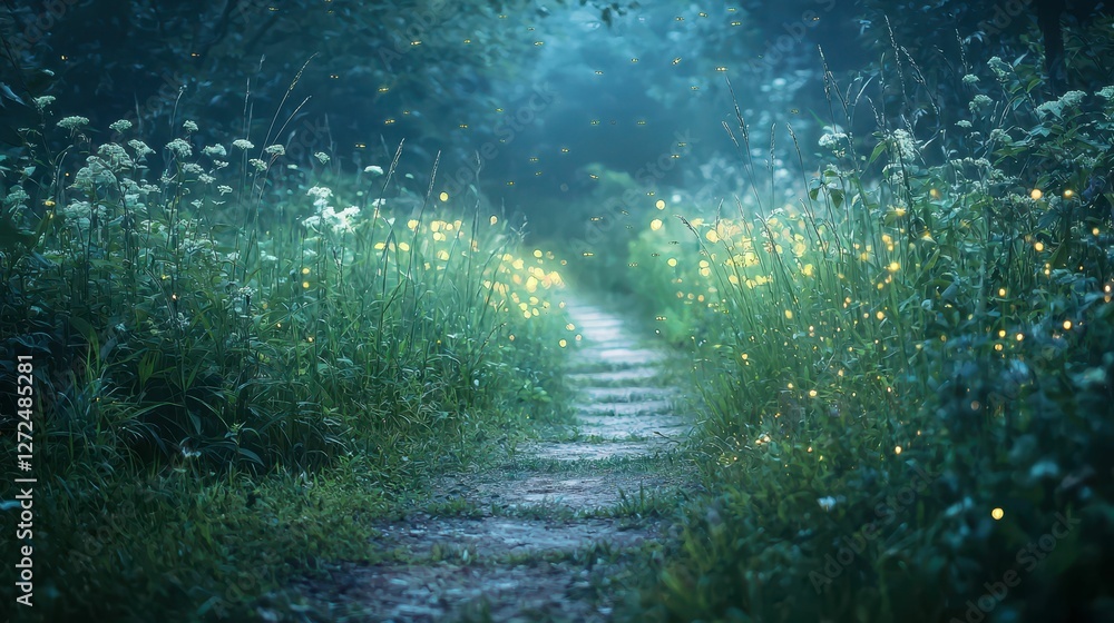 Obraz premium Serene Garden Path Surrounded by Lush Tall Grasses and Flowers