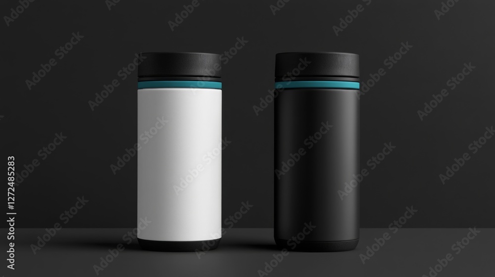 Two Modern Thermos Bottles in Black and White with Blue Accent on Dark Backdrop Two Modern Thermos Bottles in Black and White with Blue Accent on Dark Backdrop