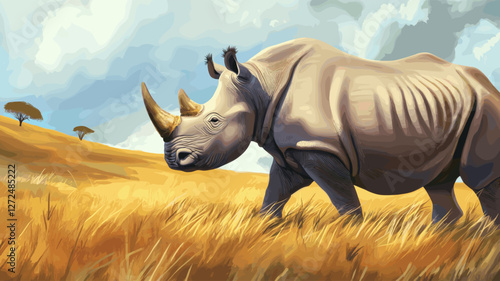 Rhino in Savannah Illustration