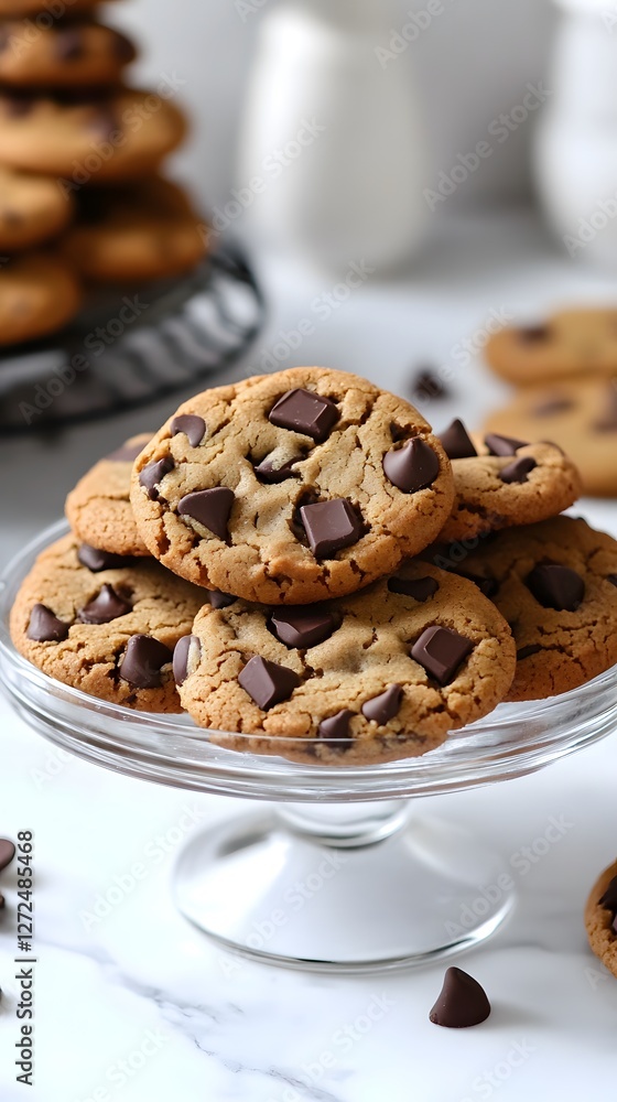 Delicious chocolate chip cookies on a glass stand, inviting and freshly baked. Delicious chocolate chip cookies on a glass stand, inviting and freshly baked.