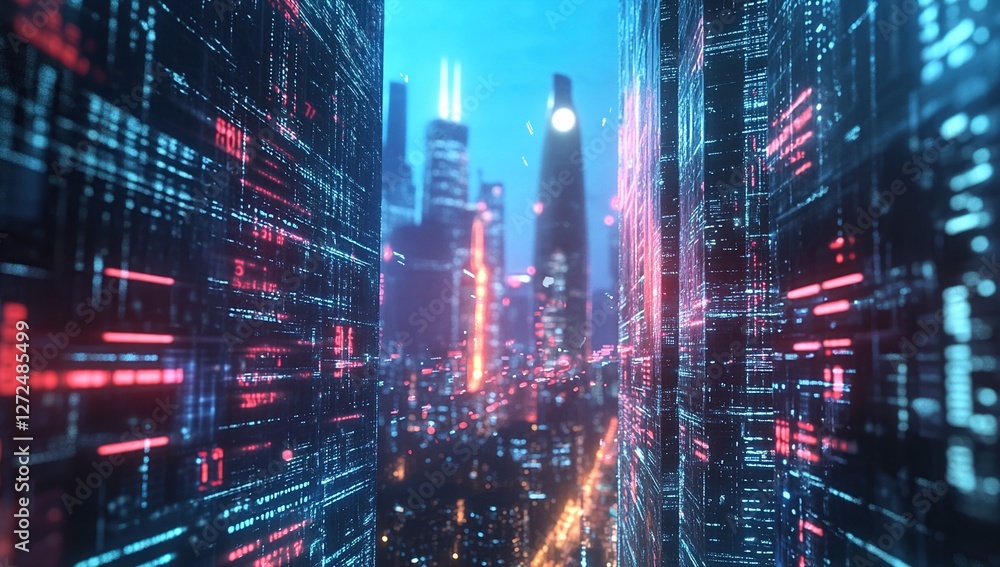 Obraz premium Digital Cityscapes: Exploring Futuristic Urban Environments with Glowing Data Streams and Advanced Technology