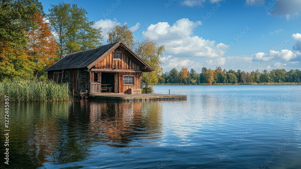 Rustic Boathouse by Peaceful Lakeside Amidst Serene Nature Rustic Boathouse by Peaceful Lakeside Amidst Serene Nature